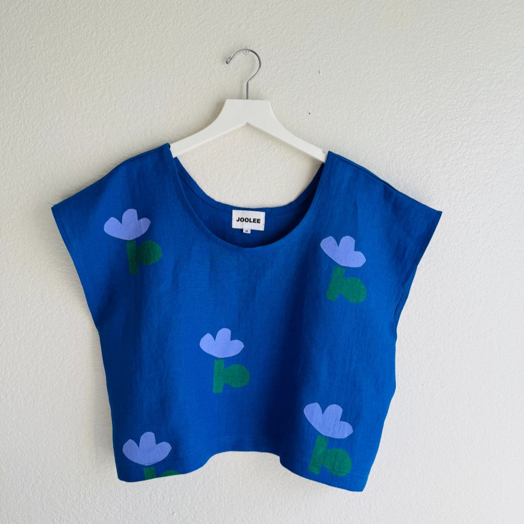 Blue Flower Linen Top