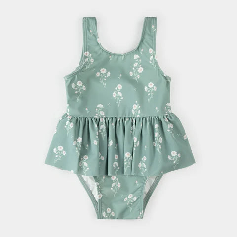 Sea Blossom Print on Turquoise Skirted Swimsuit