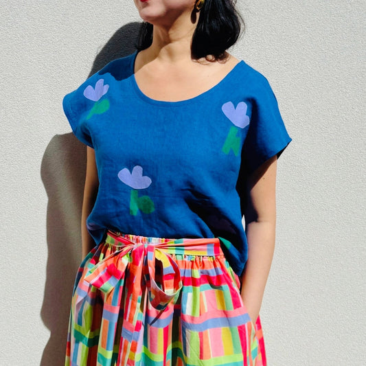Blue Flower Linen Top