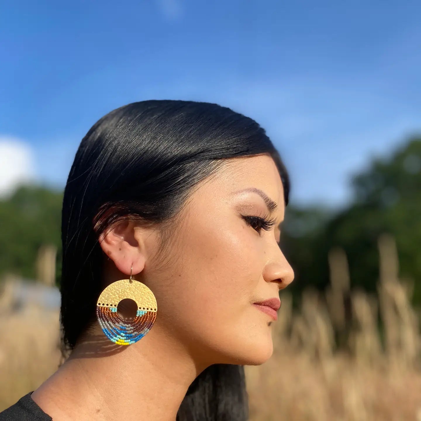 Beaded Handwoven Organic Circular Fringe Earrings