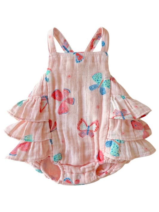 Whimsical Butterflies Muslin Ruffle Sunsuit