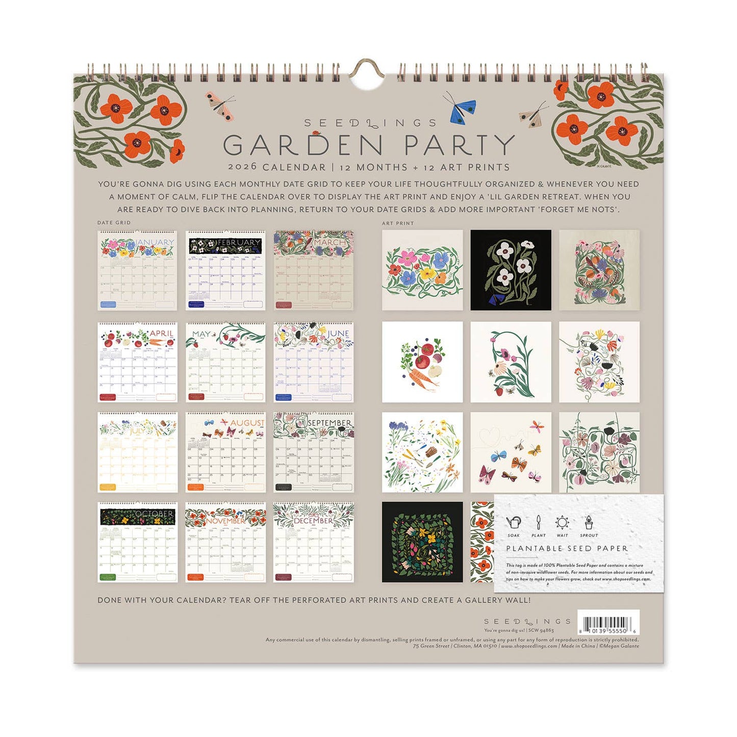 2026 Garden Party 12 Month Classic Grid Calendar