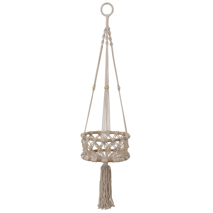Hand-Woven Cotton Macrame & Rattan Plant Hanger