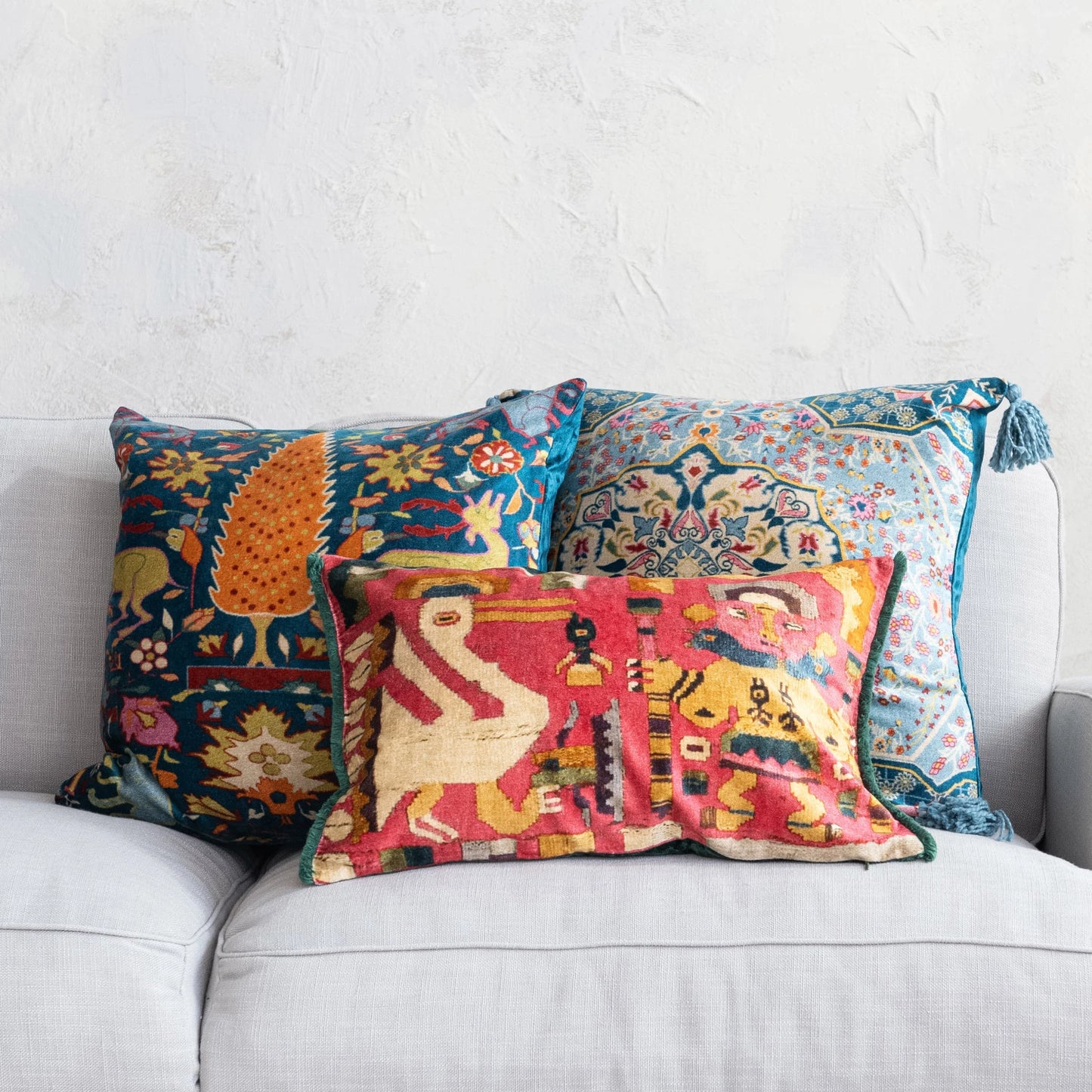 Cotton Blend Velvet Printed Pillow w/ Vintage Carpet Pattern