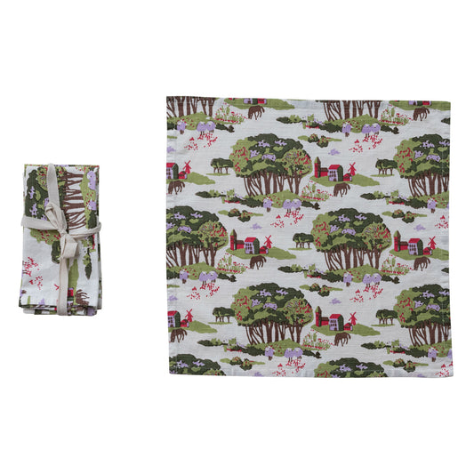 18" Square Cotton Printed Napkins, Set of 4 Tied with Cotton Tape