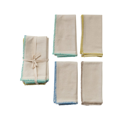 Cotton Napkins w/ Blanket Stitch Colored Edge, Set of 4 Tied w/ Cotton Tape