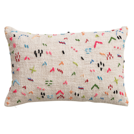 Cotton Slub Lumbar Pillow w/ Hand-Embroidery