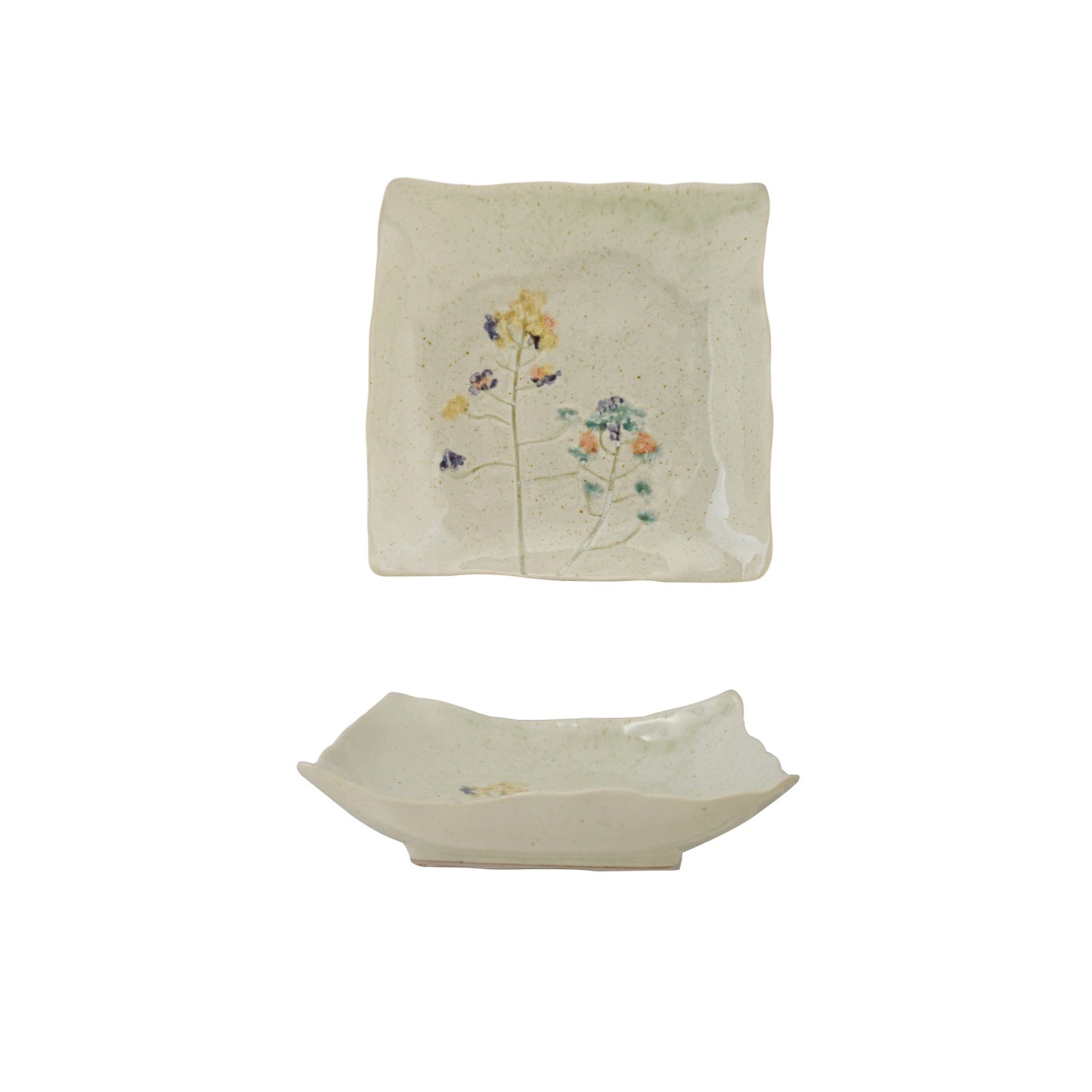 Hand-Painted Stoneware Organic Shaped Plate with Flowers (Each One Will Vary)