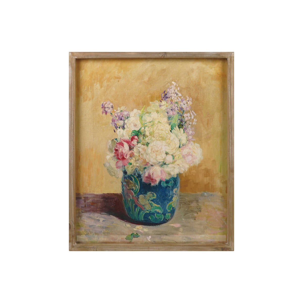 Wood Framed Glass Wall Decor with Flower Bouquet in Vase