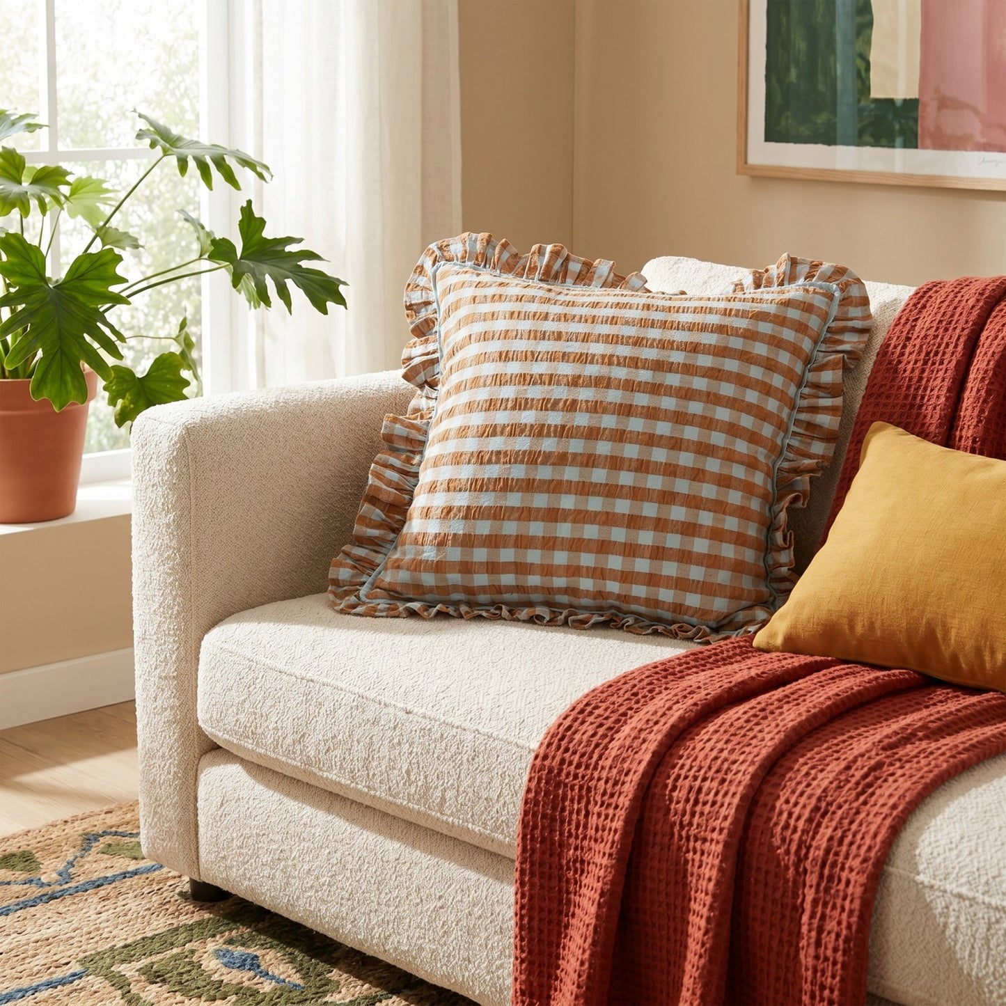 Cotton Pillow with Check Pattern & Ruffle