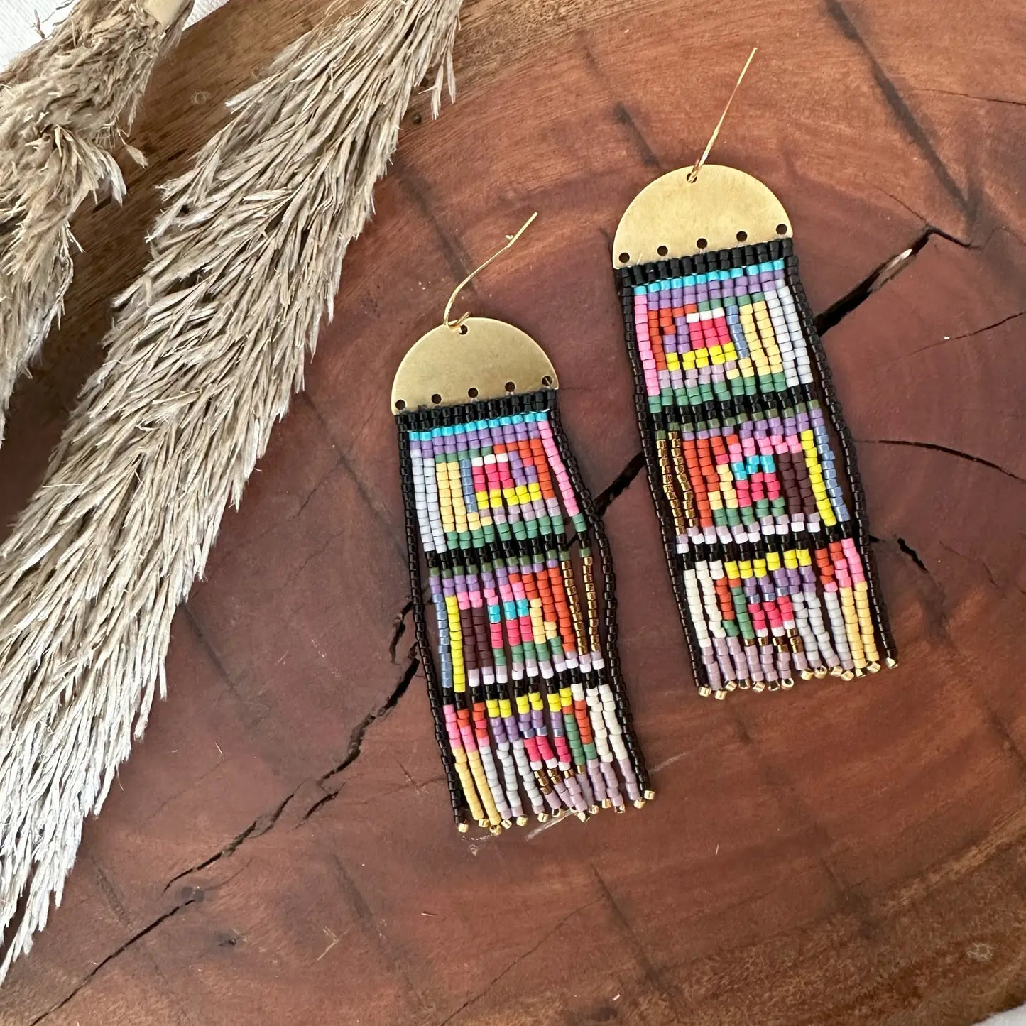 Beaded Handwoven Log Cabin Quilt Fringe Earrings