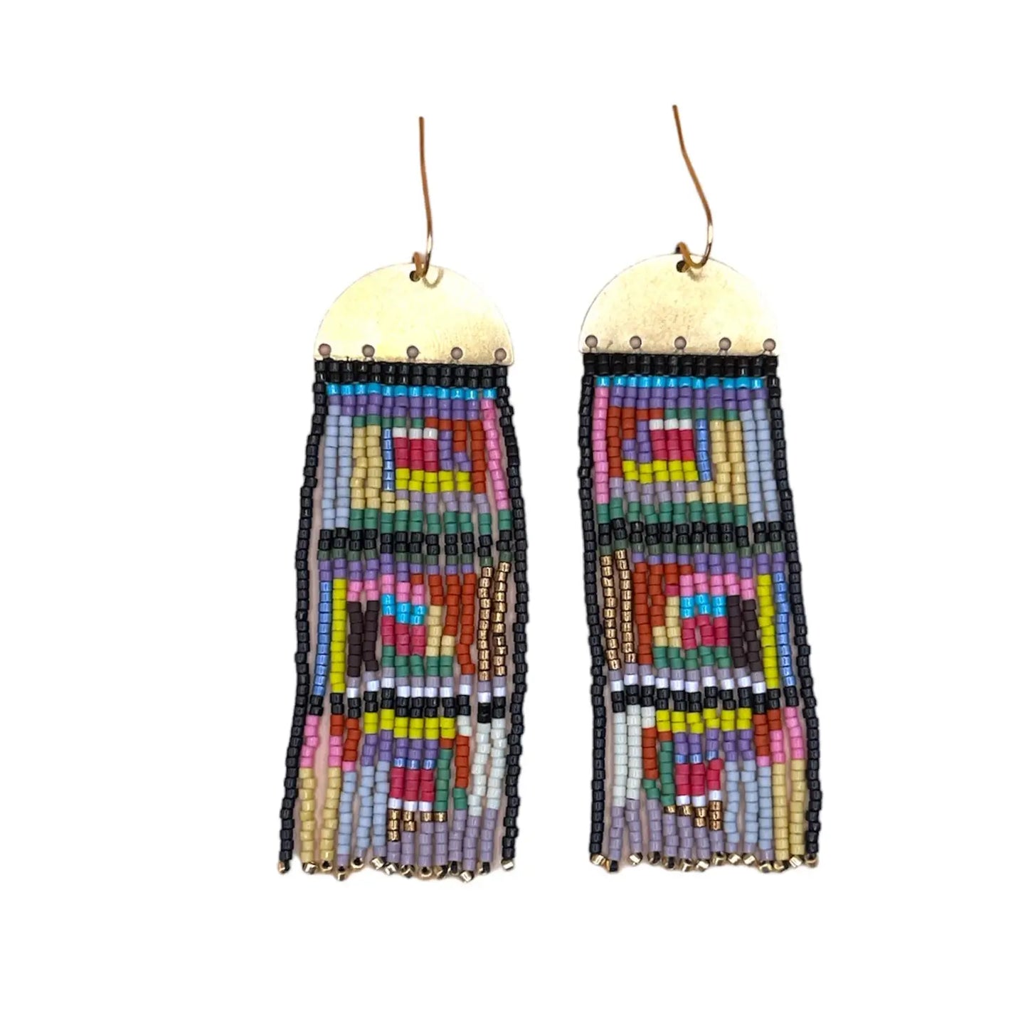 Beaded Handwoven Log Cabin Quilt Fringe Earrings