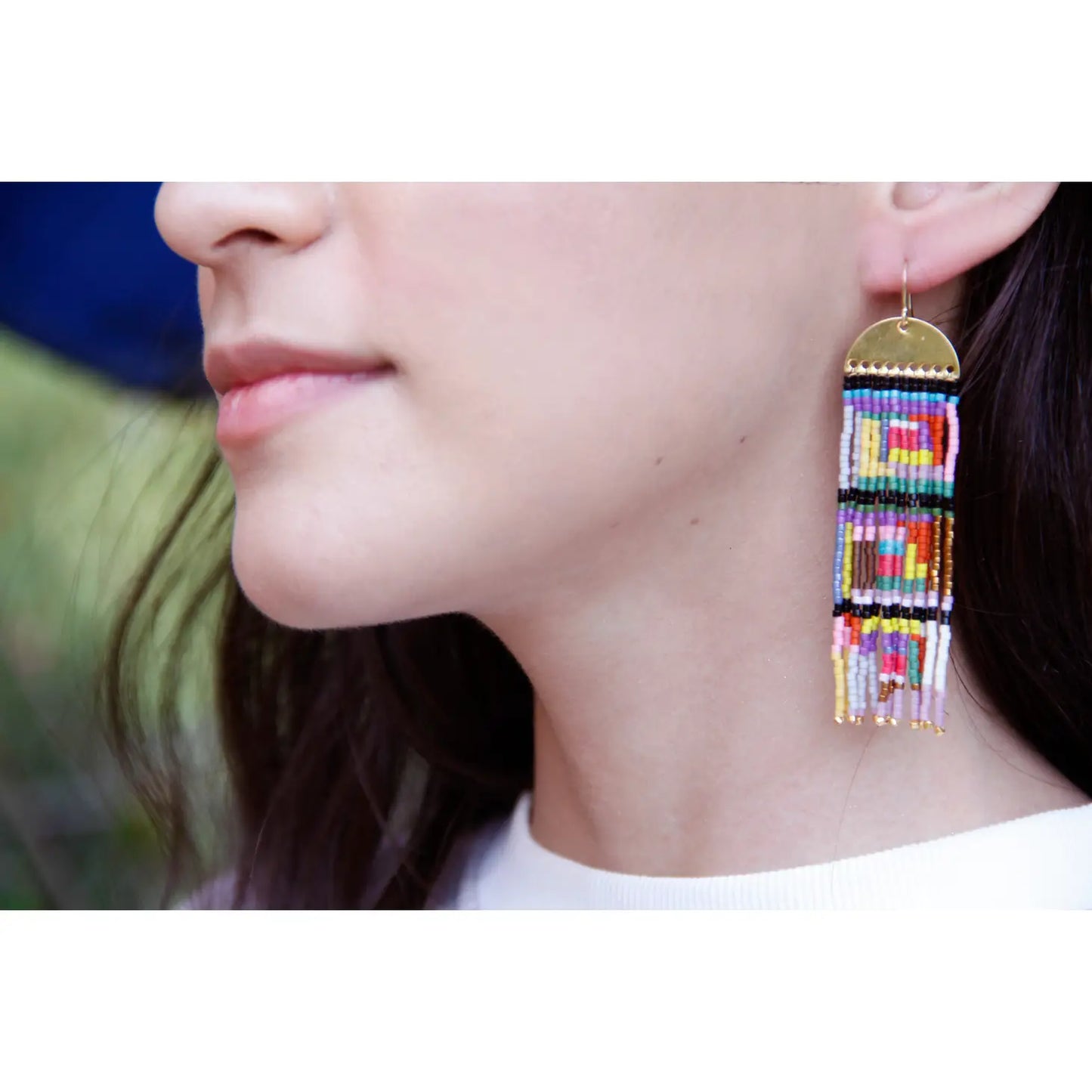 Beaded Handwoven Log Cabin Quilt Fringe Earrings