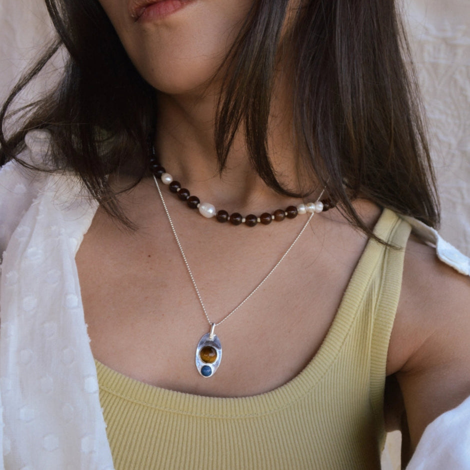 Tiger's Eye & Lapis Pendant Necklace