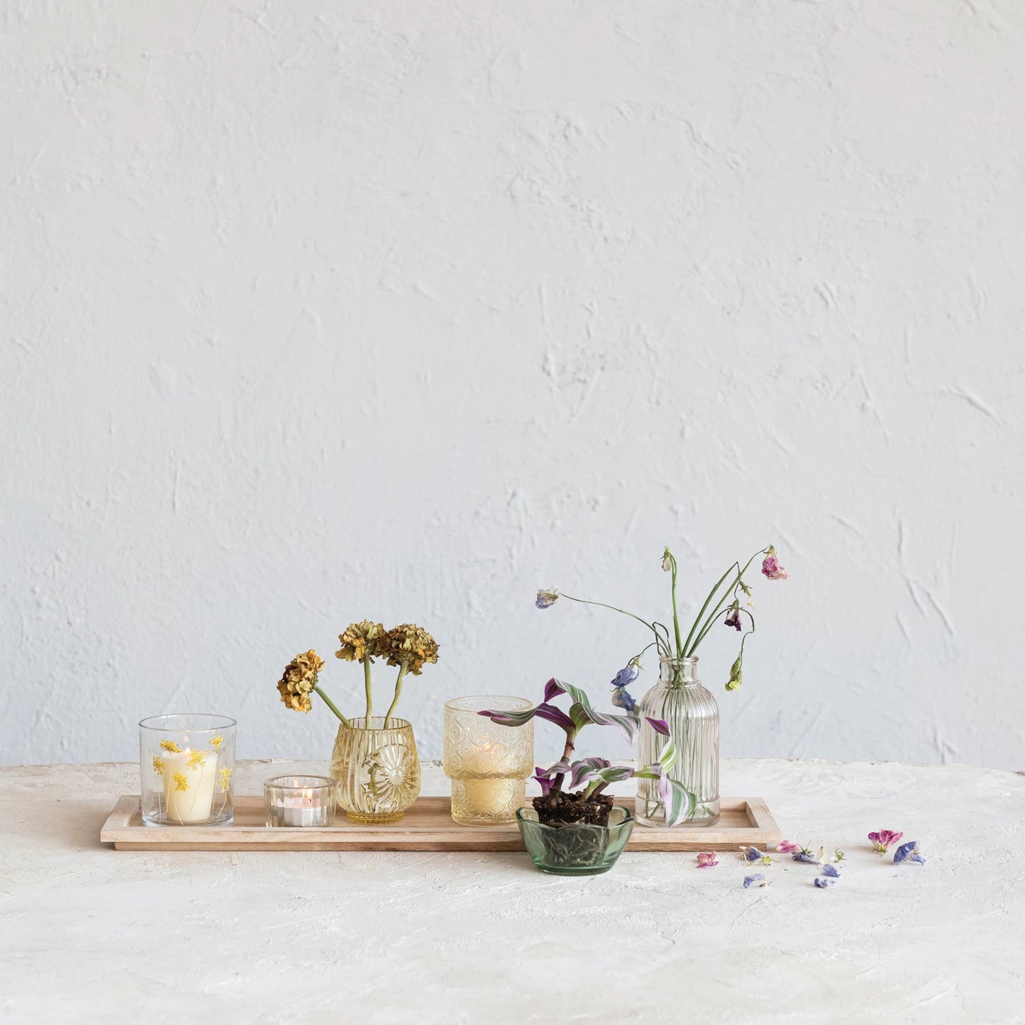 Wood Tray with Glass Tealight Holders and Vase