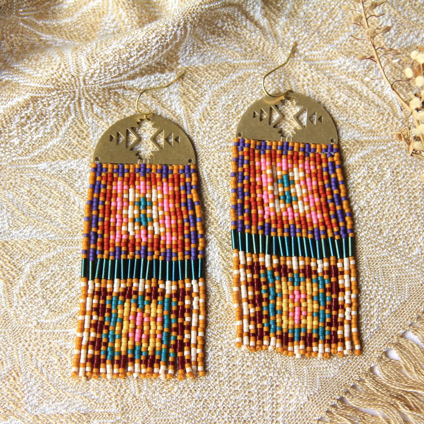 Handwoven Beaded Crochet Square Fringed Earrings