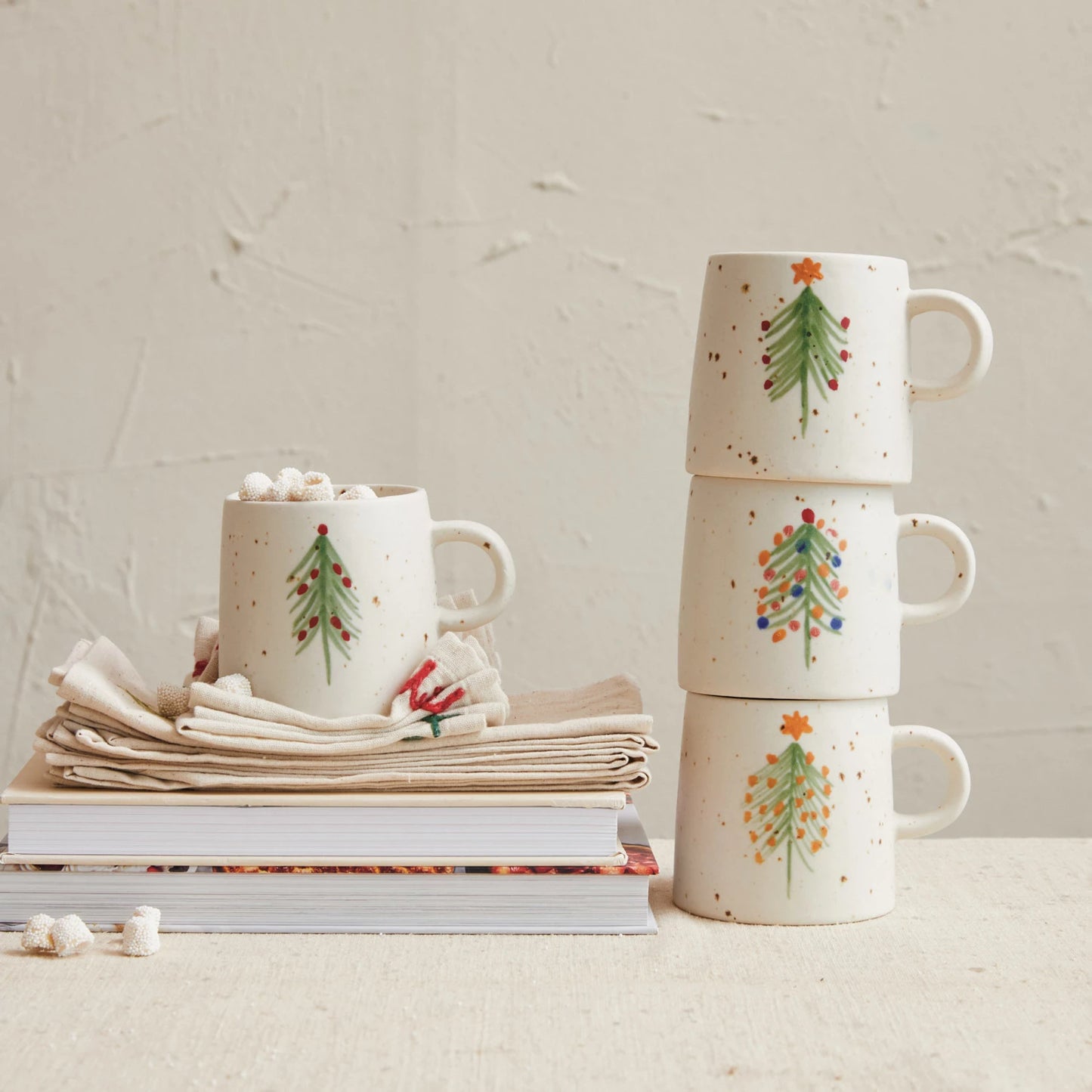 Hand-Painted Stoneware Christmas Tree Mugs