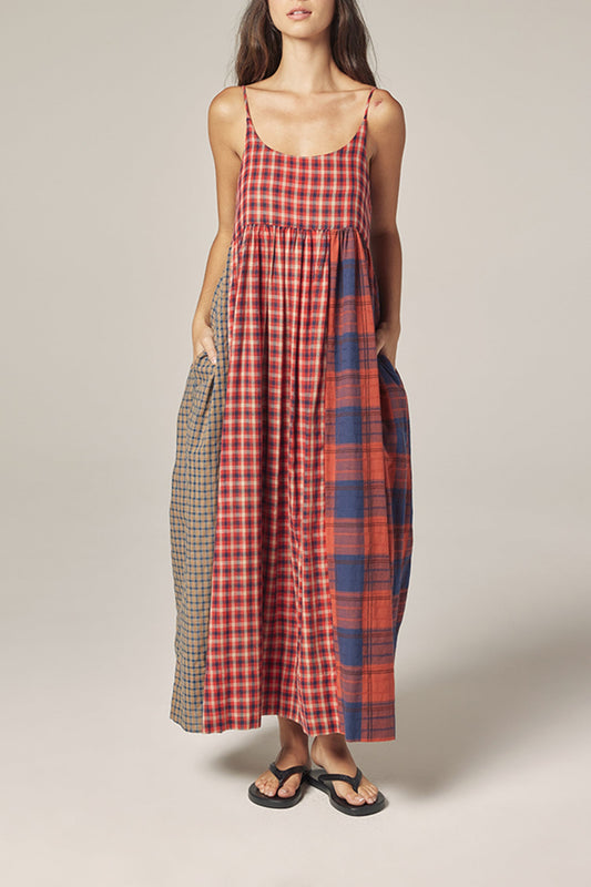 Red & Blue Contrast Midi Dress