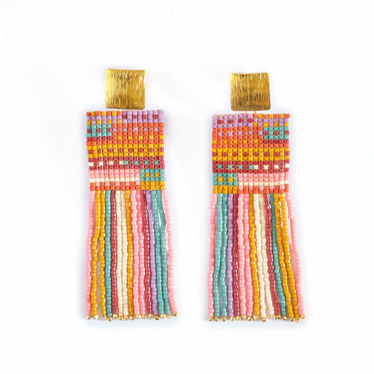 Beaded Handwoven Striped Knit Fringe Earrings