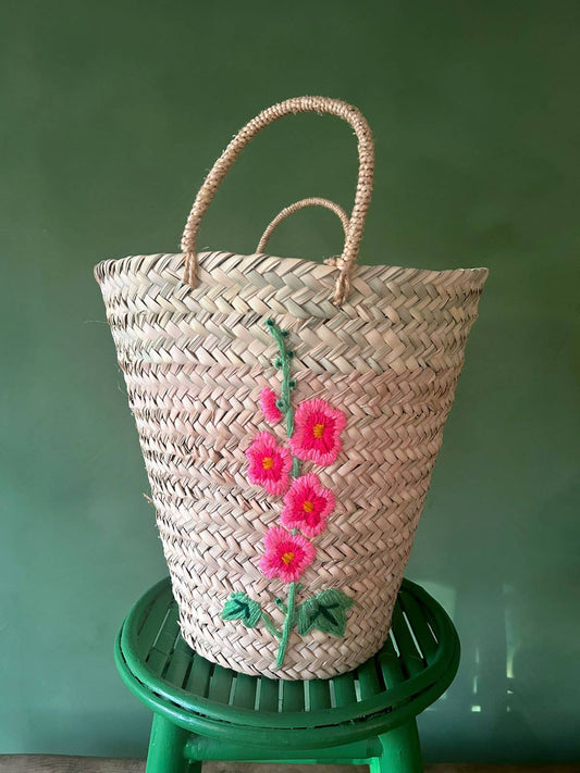 Hand Embroidered Basket, Hollyhock