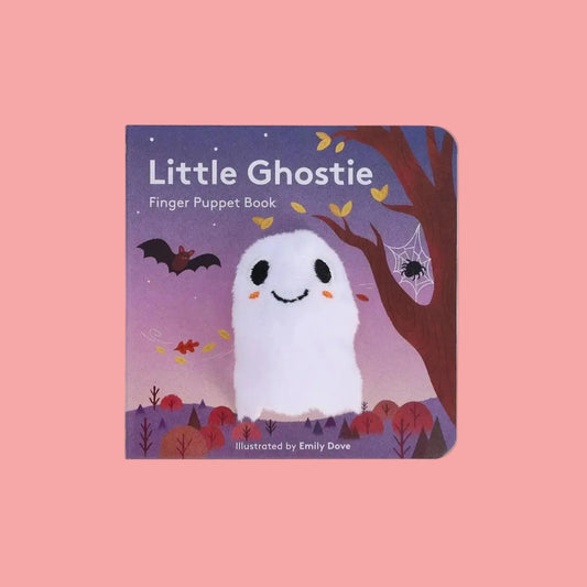 Finger puppet book titled 'Little Ghostie' with a ghost illustration on a purple background.