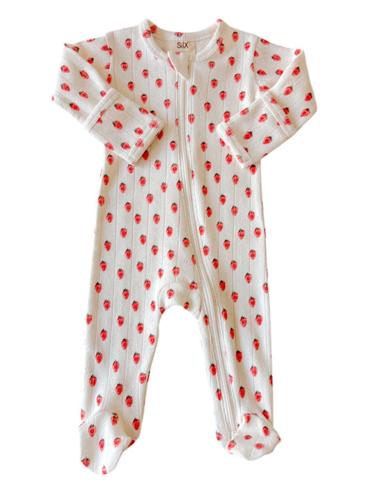 White Strawberry Organic Pointelle 2-Way Zip Footie