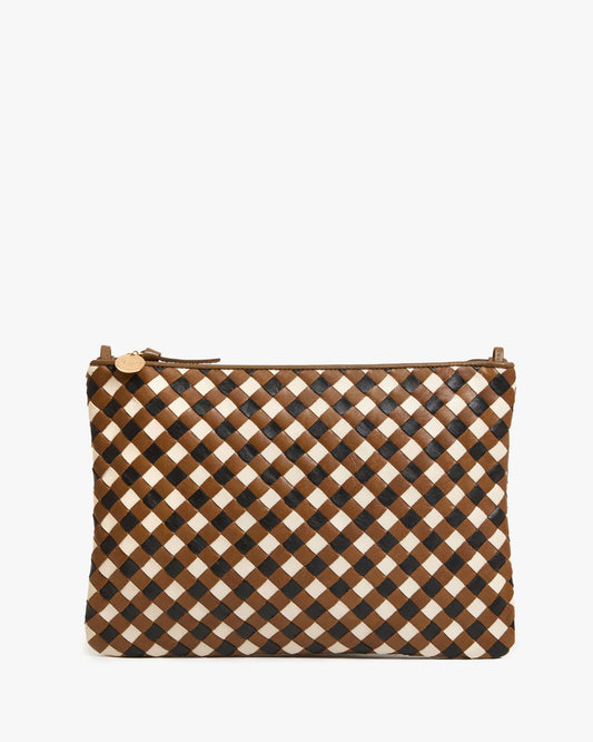 Oat Gingham Woven Flat Clutch with Tabs