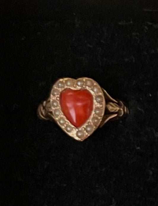 Carved Italian Red Coral & Pearl Ring