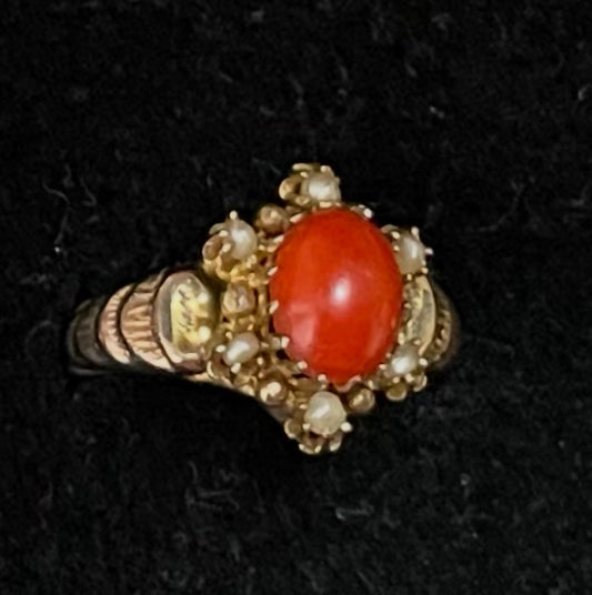 Antique Italian Red Coral Cabochon & Natural Sea Pearls