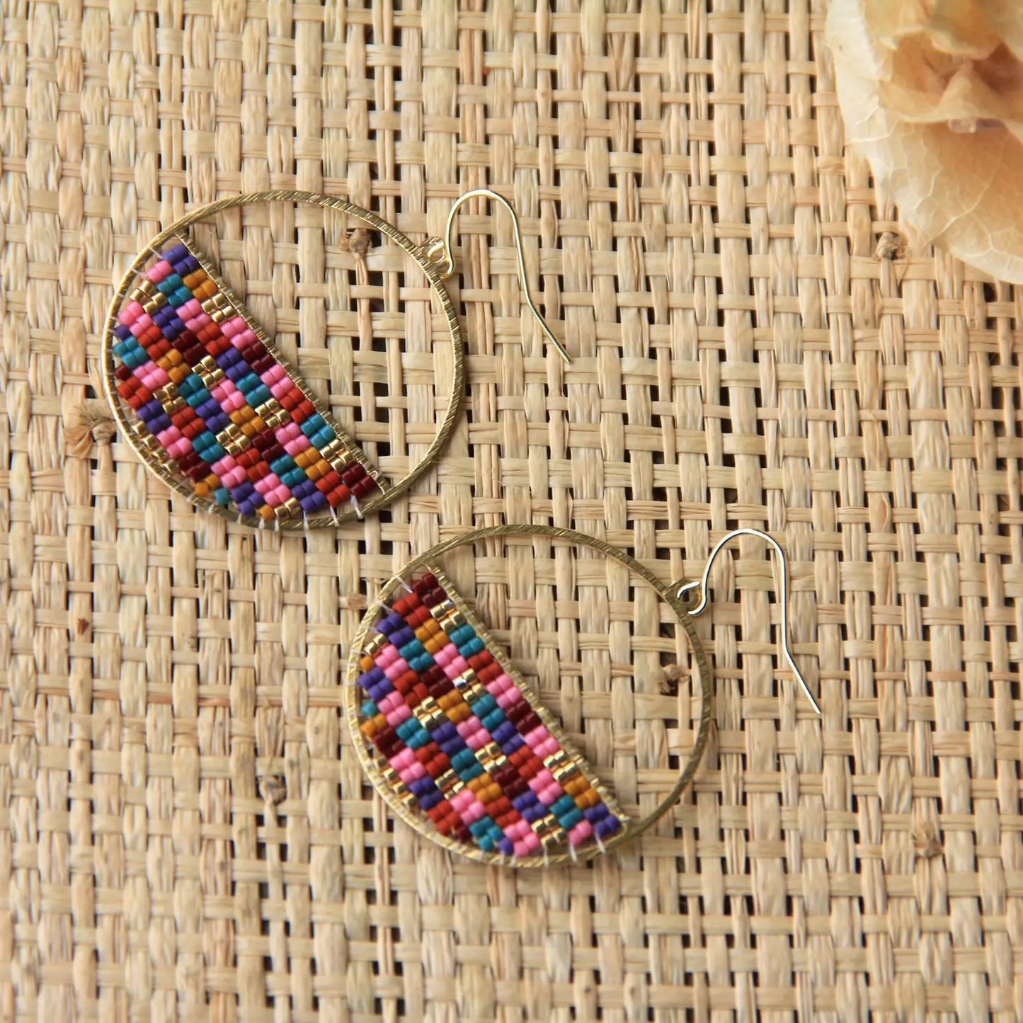 Handwoven Beaded Patchwork Circle Earrings