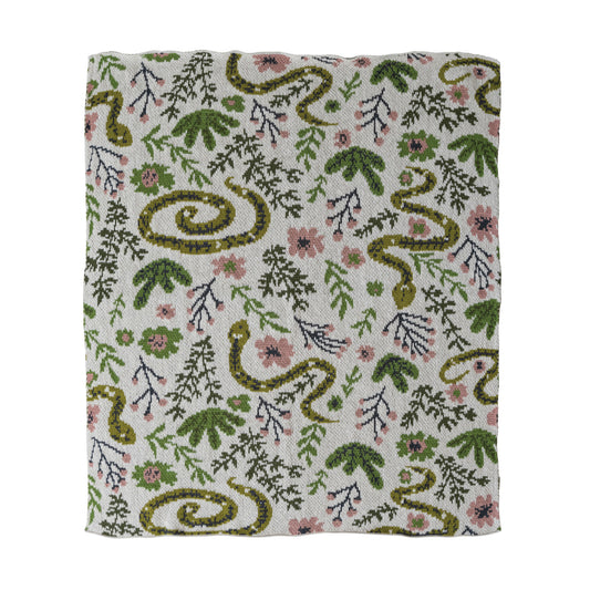 Cotton Knit Baby Blanket with Snakes & Florals
