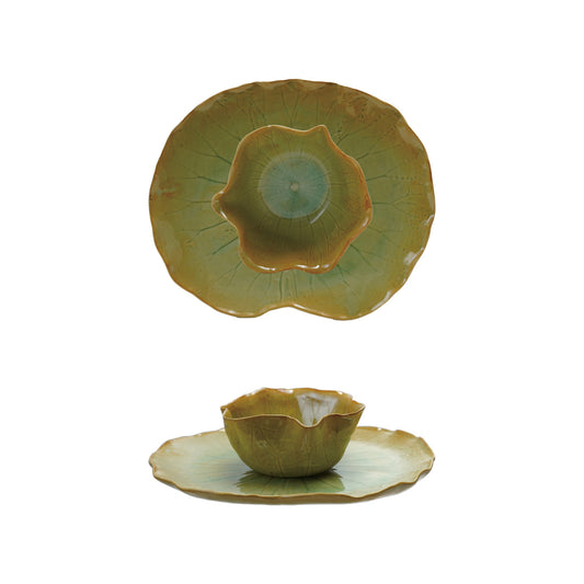 Stoneware Water Lily Shaped Plate with Bowl, Set of 2 (Each Varies)