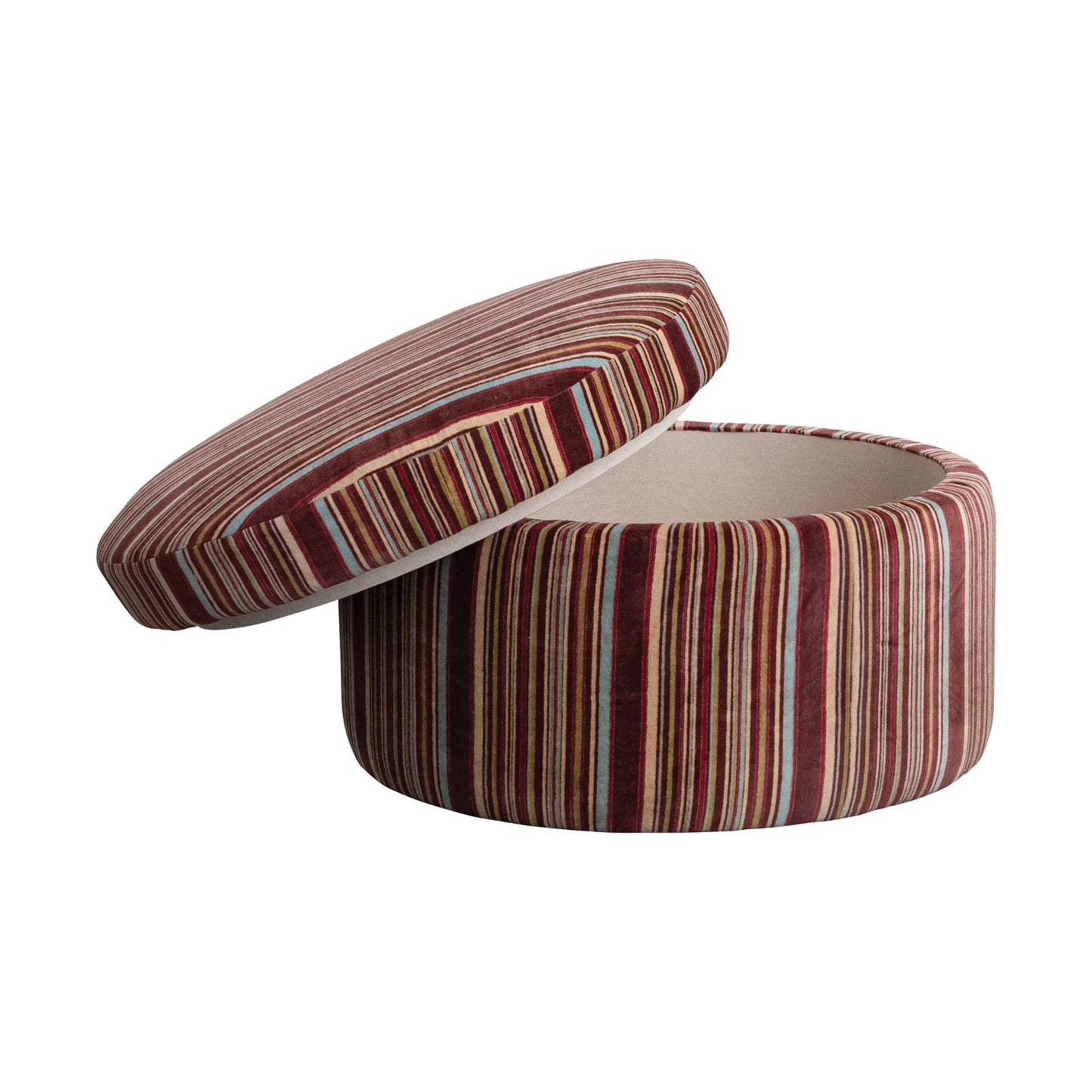 Cotton Velvet Upholstered Striped Ottoman with Lined Storage
