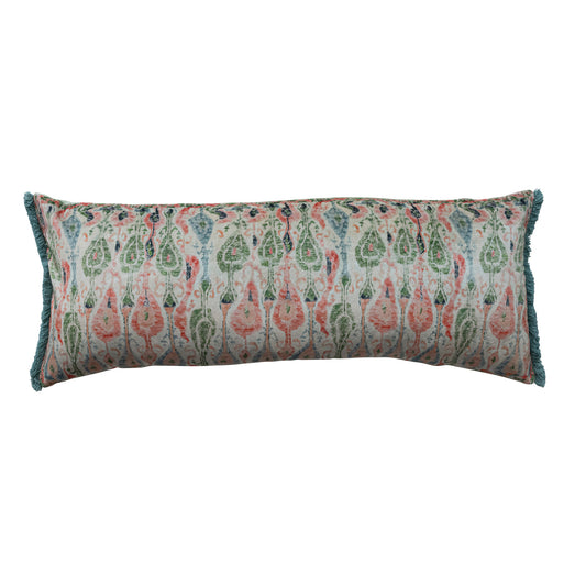 Cotton Velvet Lumbar Pillow with Pattern & Eyelash Fringe