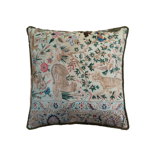 20" Square Cotton Velvet Pillow with Safari Animals, Botanicals & Tufted Fringe