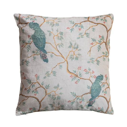 18" Square Cotton Velvet Pillow with Birds & Branches
