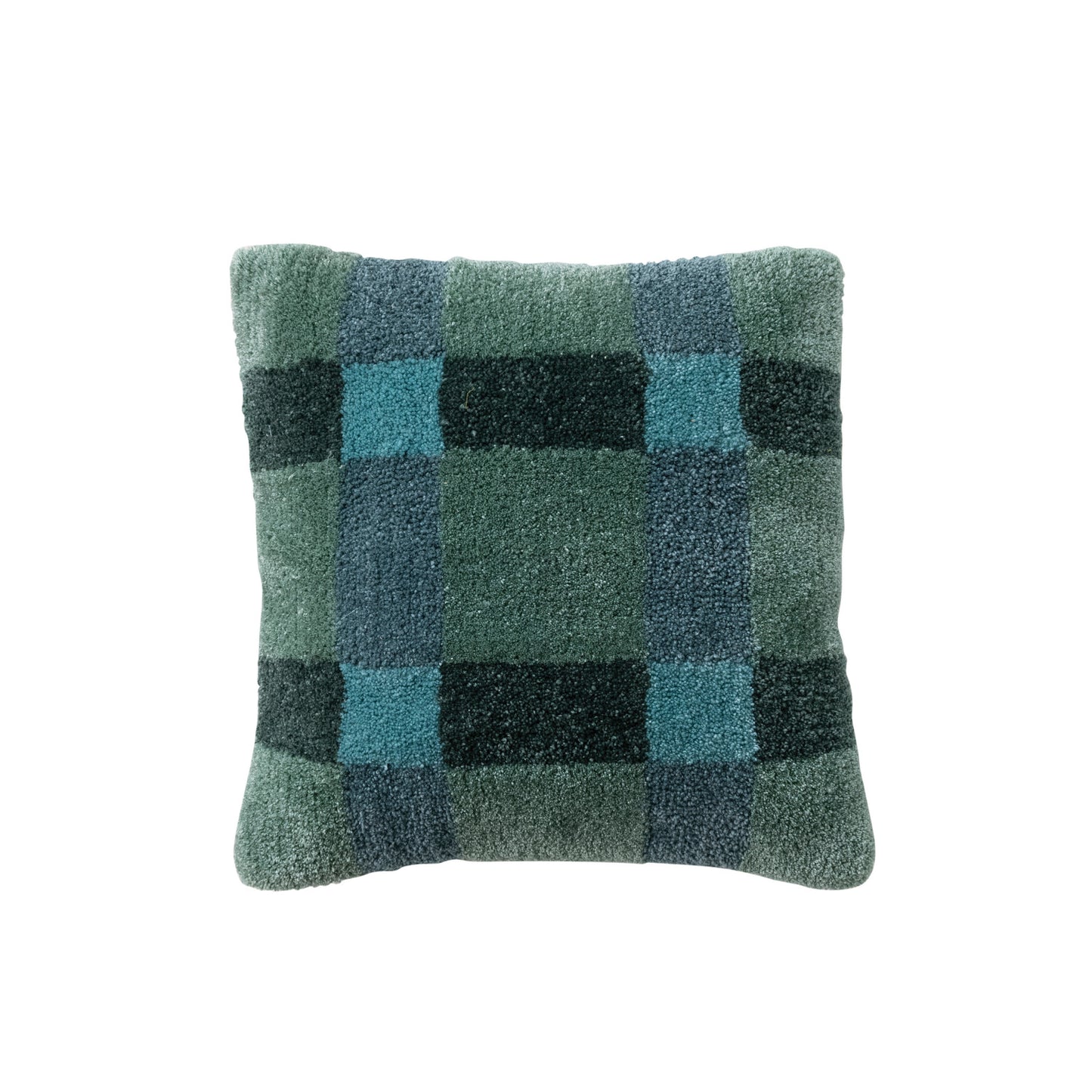 20" Square Fabric Tufted Indoor/Outdoor Pillow with Plaid Pattern, Blue & Green