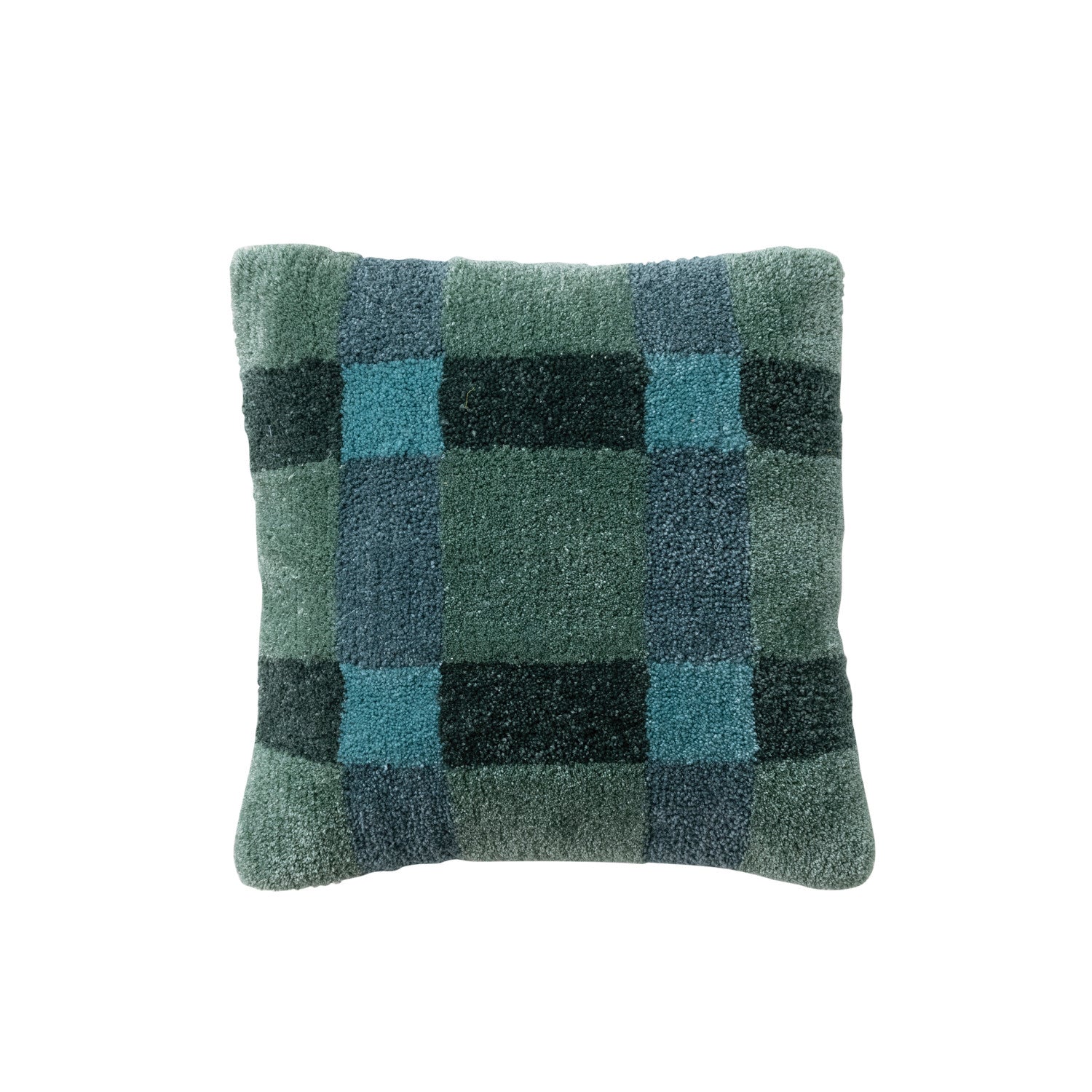 20" Square Fabric Tufted Indoor/Outdoor Pillow with Plaid Pattern, Blue & Green