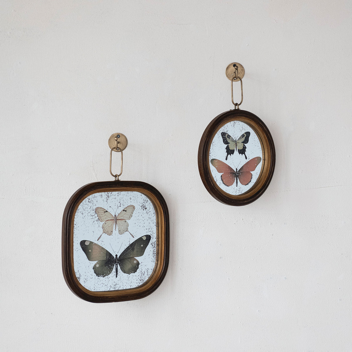Wood Framed Antique Mirror Wall Decor with Butterflies & Metal Wall Hook