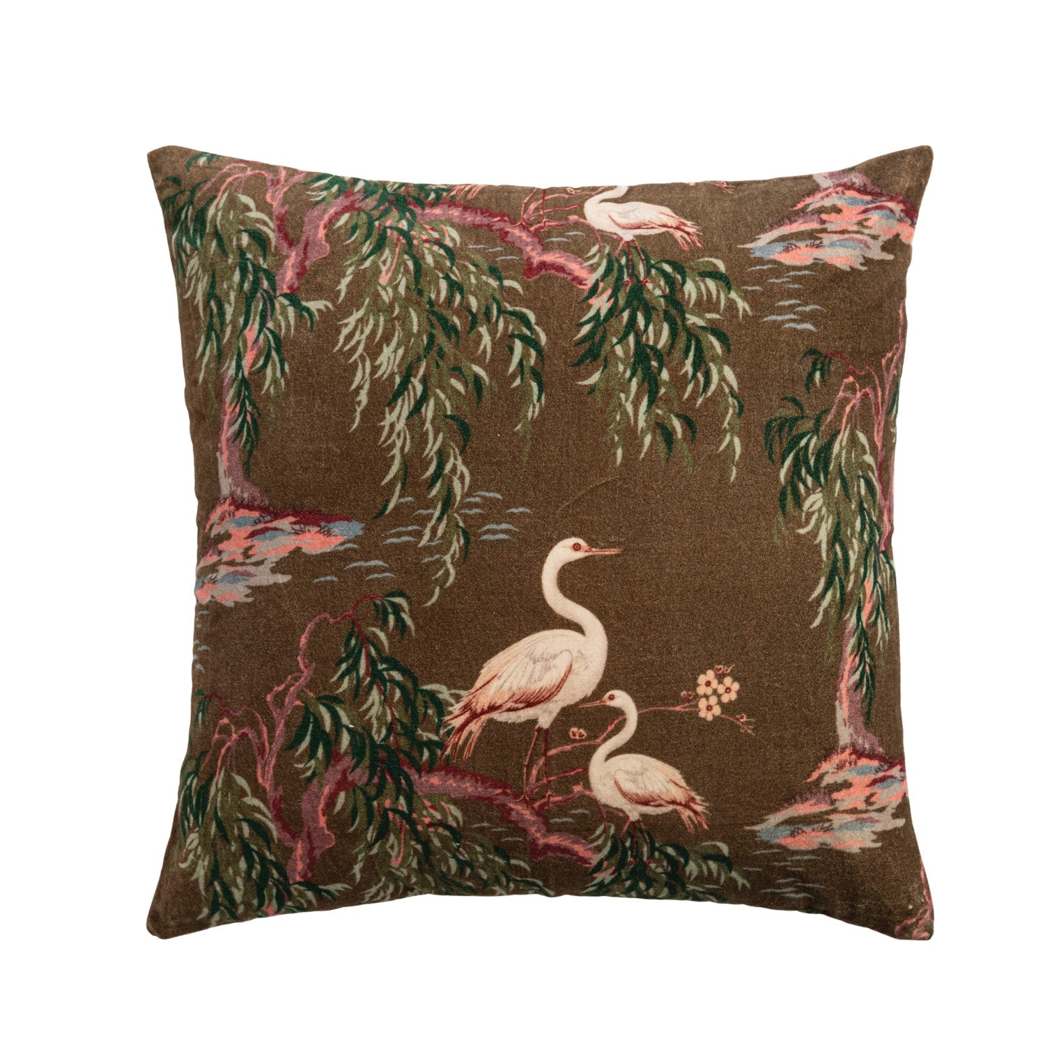 20" Square Cotton Velvet Chinoiserie Pillow with Chambray Back