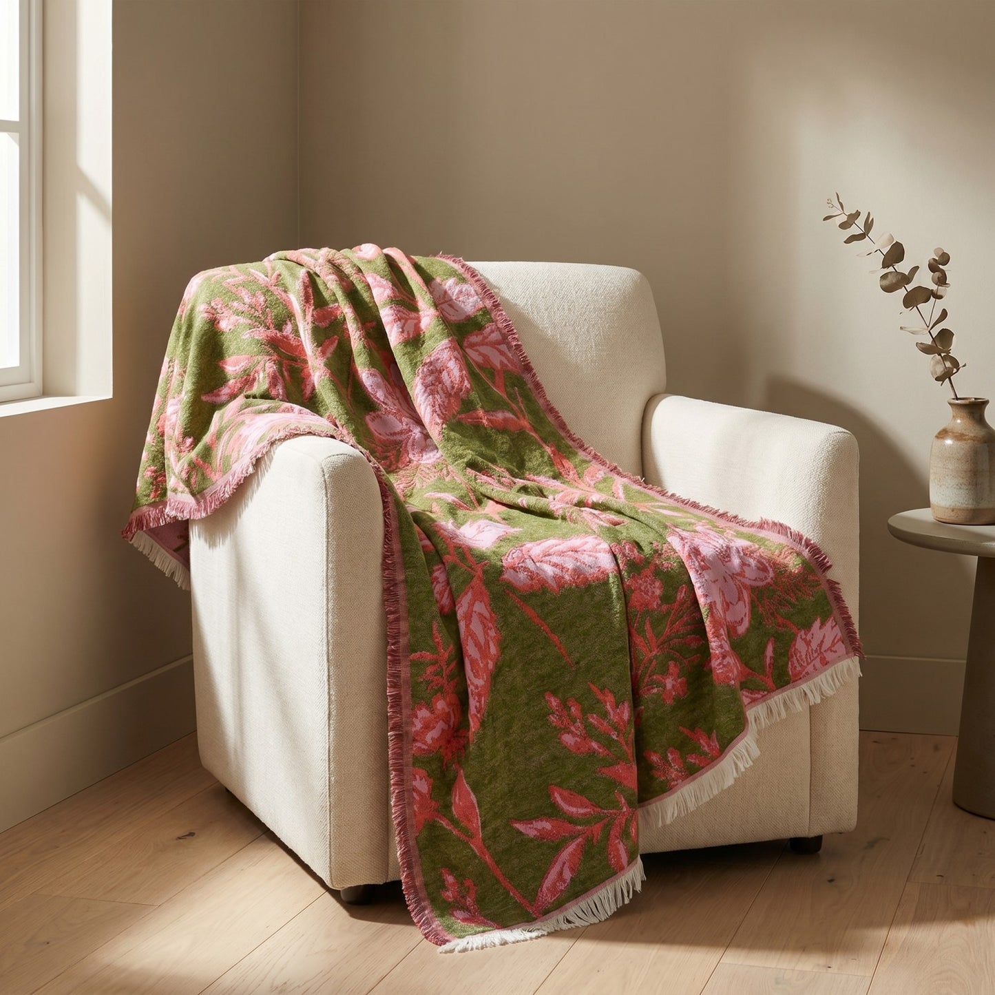 Woven Fabric & Acrylic Jacquard Throw with Fringe