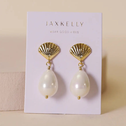 Seashell Pearl Drop Gold Earrings