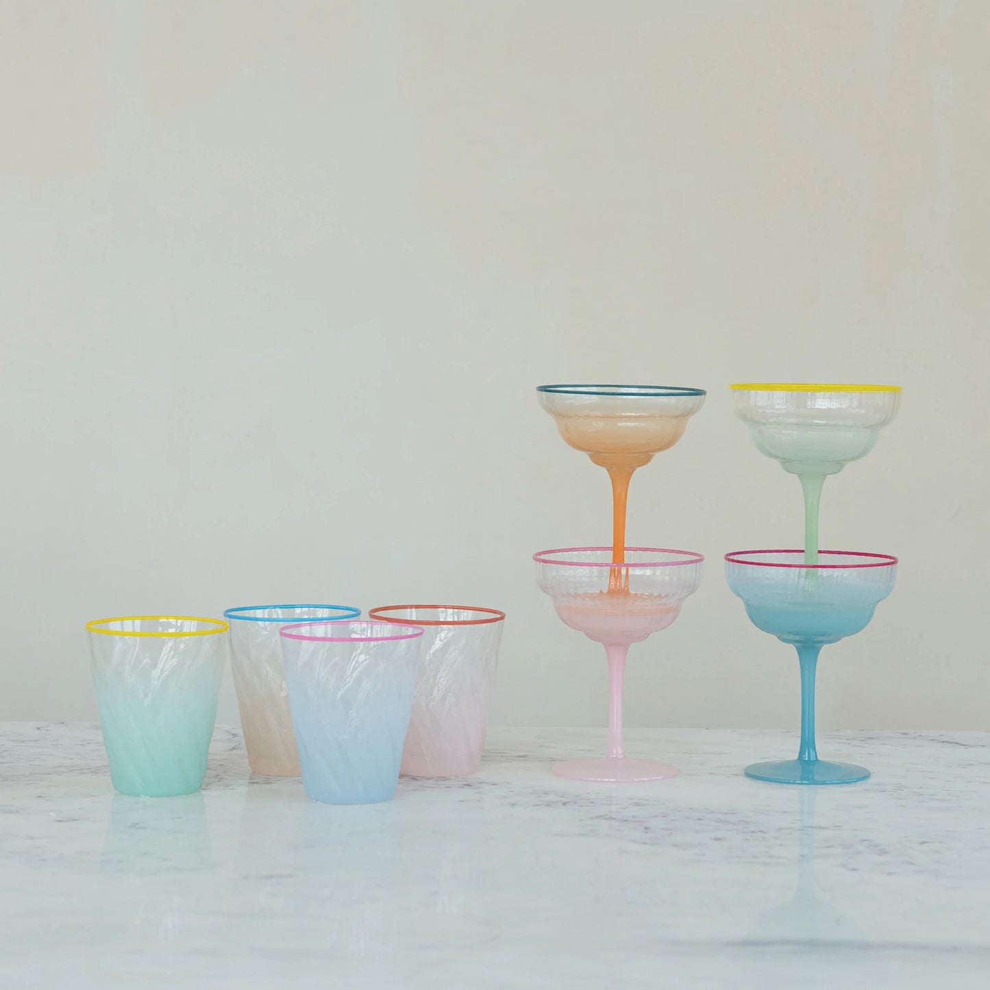 Fluted Stemmed Coupe Glass with Colored Rim
