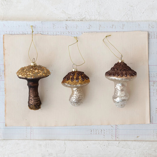 Hand-Painted Glitter Glass Mushroom Ornament