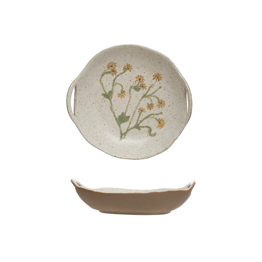 Hand-Painted Stoneware Bowl with Handles & Botanicals