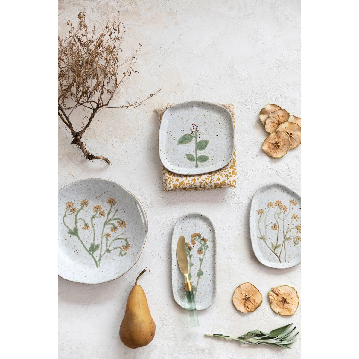 Hand-Painted Stoneware Bowl with Handles & Botanicals