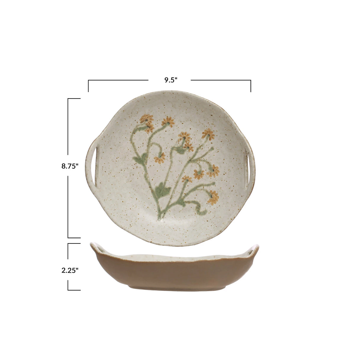 Hand-Painted Stoneware Bowl with Handles & Botanicals