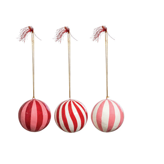 Hand-Painted Paper Mache Striped Ball Ornament & Tassel