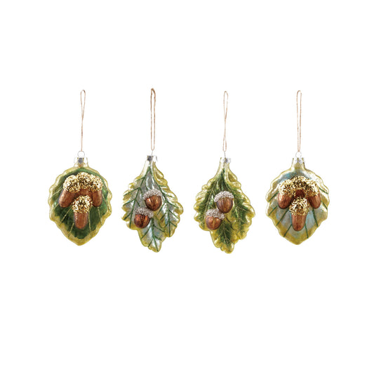 Hand-Painted Mercury Glass Leaf Ornament with Acorns & Glitter