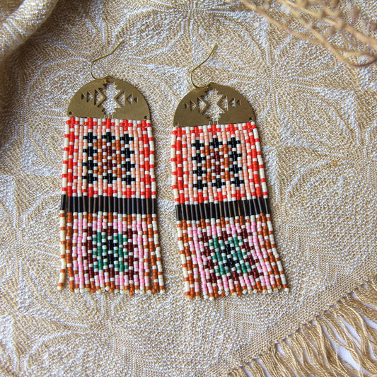 Handwoven Beaded Crochet Square Fringed Earrings